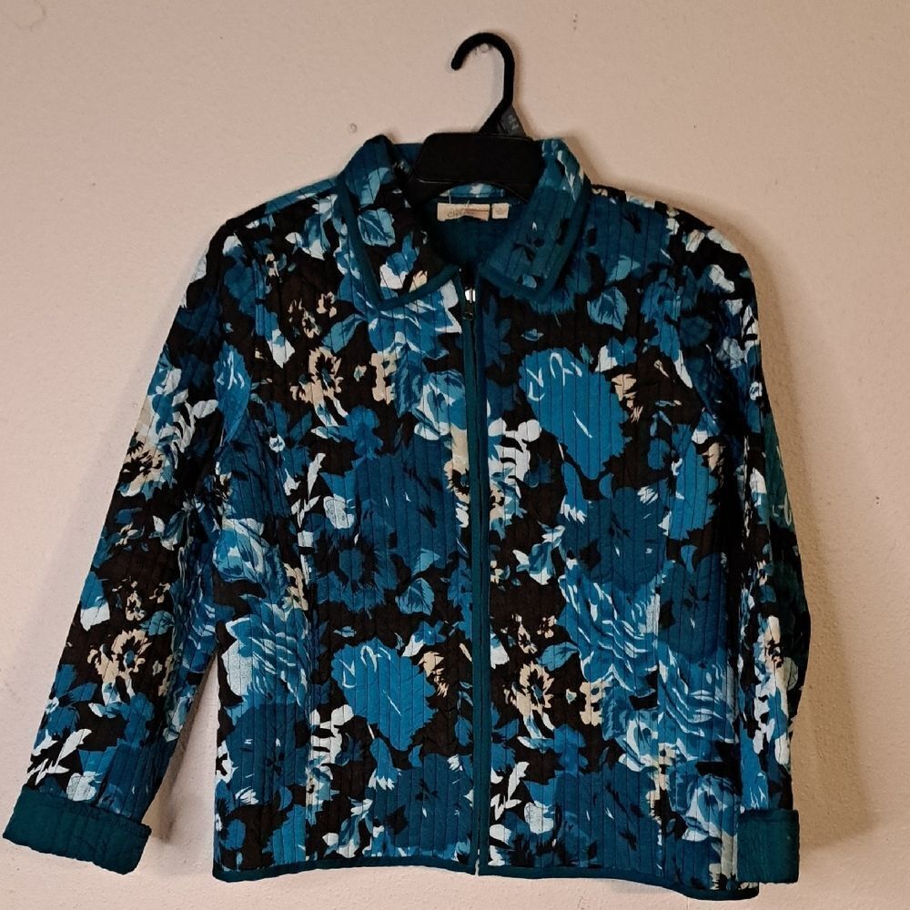 Choices Floral Blue and Black Zip up Jacket size large